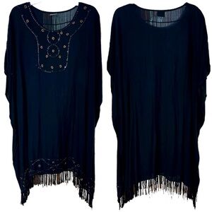 Meetu Magic Boho Kimono Black Beaded Fringe Tassel Hem Arm Holes Cover Up 1XL